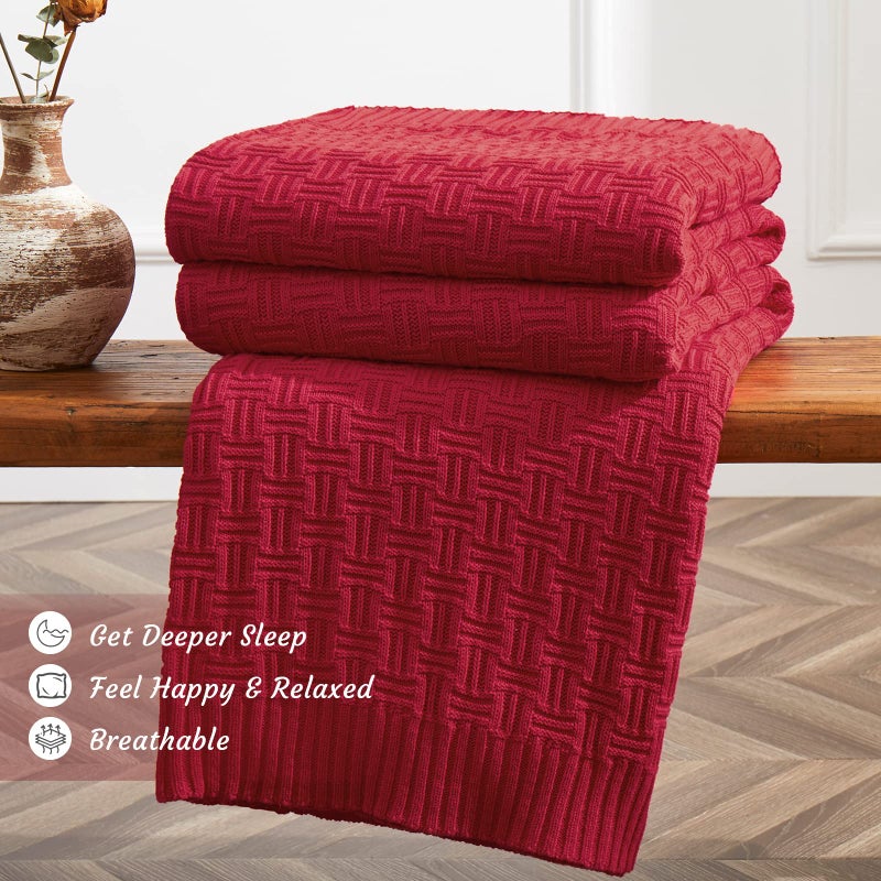 TREELY 100% Cotton Knitted Throw Blanket Couch Cover Blanket(50 x 60 Inches, Red) - Image 3